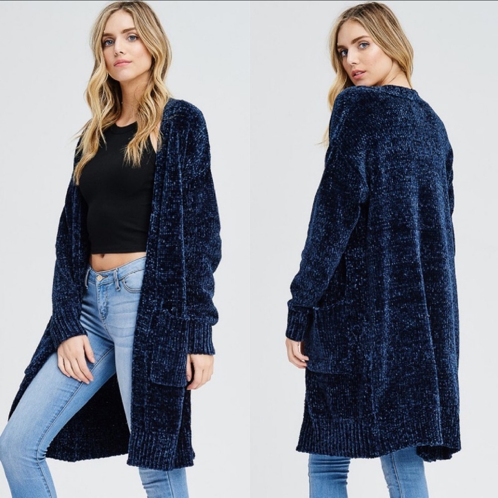 EMORY Chenille Cardigan Long Sleeve Long Line Open Front Midnight Blue Sm/Md NWT